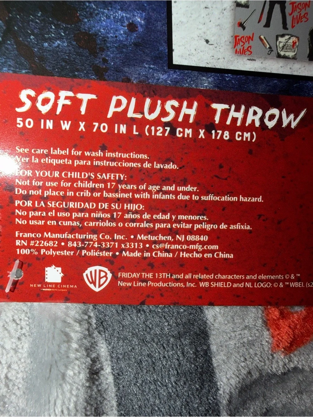 Friday the 13th Jason Lives Horror Movie Plush Throw Blanket in Gray & Red 50x70